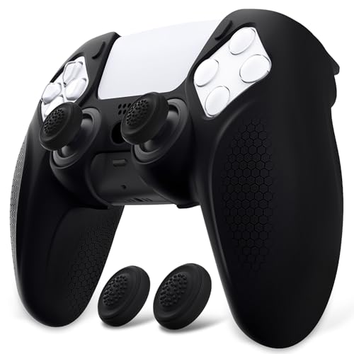 PlayVital Ninja Edition Anti-Slip Silicone Cover Skin for ps5 Wireless Controller, Ergonomic Protector Soft Rubber Case for ps5 Controller Fits with Charging Station with Thumb Grip Caps - Black