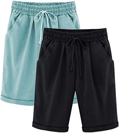 Yknktstc Womens Casual Elastic Waist Knee Length Curling Bermuda Shorts with Drawstring