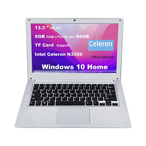 Ansxiy 13.3inch Windows Computer Laptop, 6RAM 64GB LPDDR4 Flash Memory, Intel Celeron N3350 Processor, Business Notebook for Work,WiFi,Bluetooth 4.0,HDMI,4500 mAh Long-Lasting Battery