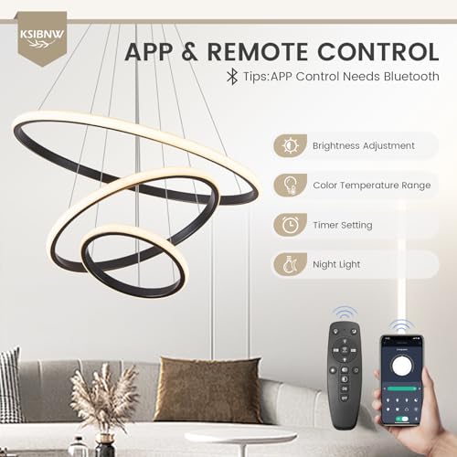 KSIBNW Chandelier LED Chandelier, Modern Chandelier Living Room Dimmable 2700K-6500K Pendant Lamp with Remote Control & APP Control 3 Rings White Hanging Lights Adjustable