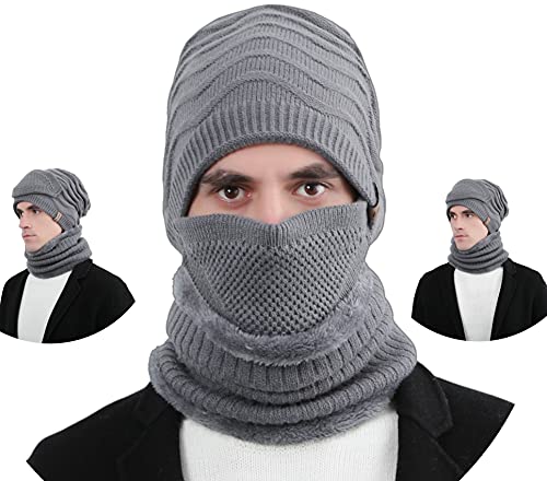Winter Hat Outdoor Wind Proof 3pcs Unisex Knit Hat Skull Cap Knit Slouchy Beanie Wool Hat Ski Hat with Neck Warmer Scarf, Cloth Mask and Pocket Filter (Cap Grey)