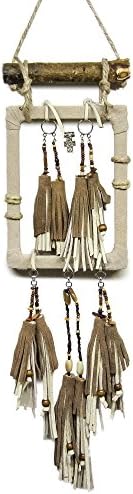 Leather Wall Art Bohemian Tassels Neutral Wall Decor Boho Wall Hanging Cross Beads Wire Wood