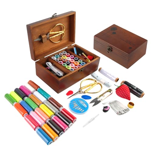 Sewing Kit Wooden Sewing Box with Accessories Retro Wooden Sewing Basket Repair Kit Gift DIY Supplies for Beginner Professional