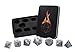 Forged Dice Co. Metal Polyhedral Dice Set of 7 - Storage Tin and Stickers - Metal Gaming Dice for RPG Games Battle Steel w/Blue Numbers