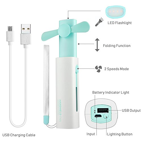 Portable Handheld Personal Fan Rechargeable Battery Operated Fan Quiet Foldable with 2200mAh Power Bank & Led Flashlight, 15-25H Long Working Time for Hot Summer Travel Shopping Outdoor Sports (Green) - Thumbnail 2