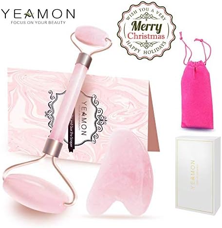 Anti Aging Natural Jade Roller for face and Gua Sha Scraping Massage Tool Set Therapy, 100% Natural Rose Quartz Facial Roller with Double Neck Slimming Massager, Drawstring Bag & Gift Boxed Included