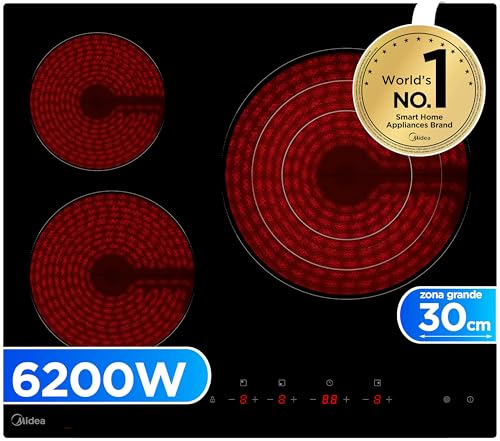 Placa Vitroceramica 3 fuegos 6200 W - Vitroceramica Integrada con Panel de control tactil, Indicador de Luz, Temporizador, Child lock y Protección por Sobrecalentamiento