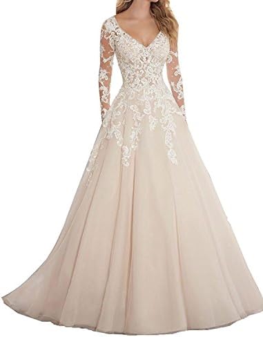 Holygift Women's V-Neck Lace Wedding Dresses Long Sleeve Bridal Ball Gowns