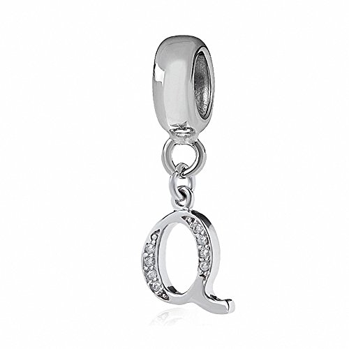 Alphabet Beads A-Z Letter Initial Spacer Dangle Clear CZ Stone Authentic 925 Sterling Silver Charm for Snake Chain Bracelets (Q)
