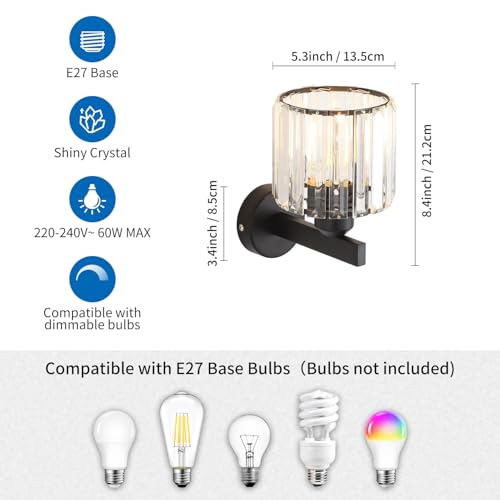 ANWIO Interior Glass Wall Sconce, Black Bedroom Wall Lamp, E27 Wall Lamp, Modern Hallway Sconces for Bedroom, Bedside, Living Room, Staircase (2U, No Bulbs)