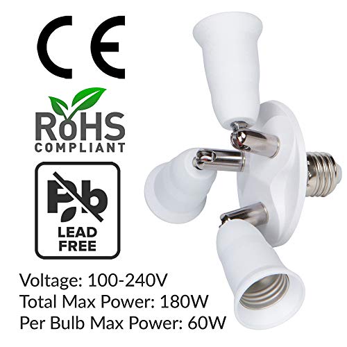 Simba Lighting E26 Light Bulb Socket Adapter Splitter to 3 Heads White Finish with Fully Adjustable Angles for Wide Coverage, Indoor and Outdoor Use for Ceiling Light or Lamp, Medium Screw Base