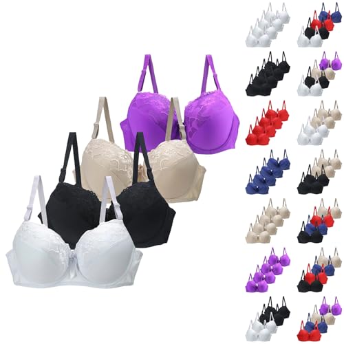 4PC Ladies Bras Non Wired Full Support Plus Size Soft Seamless Wireless Bra Sexy Lace Bras Comfortable Push Up Underwear Skin-Friendly Full Coverage Bralettes Breathable Adjustable Thin Straps