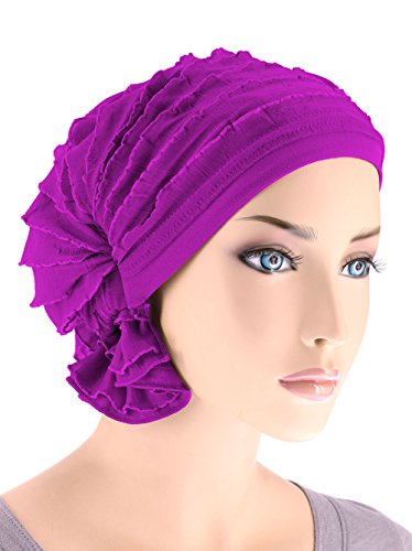 Abbey Cap Womens Chemo Hat Beanie Scarf Turban Headwear for Cancer Ruffle Purple Plum