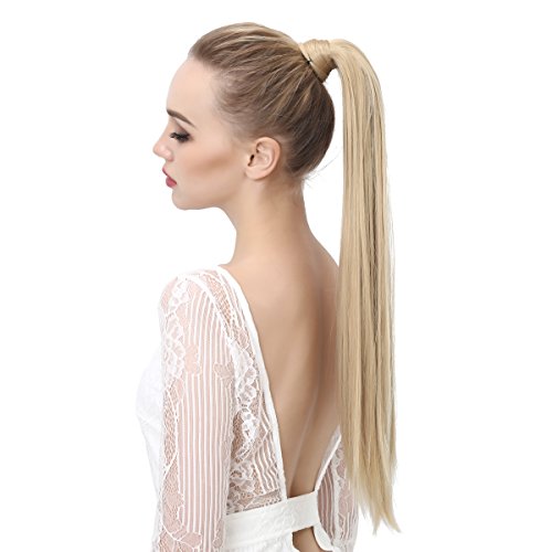 SARLA Women's 1Pc Straight Long Ponytail Hair Extensions Heat-Resisting Synthetic Ponytails Pony Tail Clip Hair Piece (27H613 Golden/Beach Blonde)