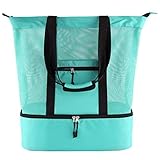 Mesh Beach Tote Bag with Insulated Picnic Cooler Top Zipper Large Canvas Shoulder Bag (Turquoise)