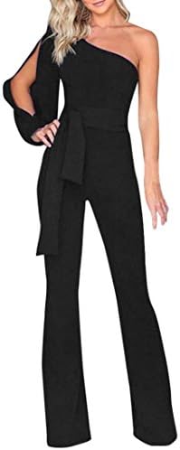 SCSAlgin blouse Women Solid Long Sleeve Cold Shoulder Jumpsuit Casual Clubwear Wide Leg Pants