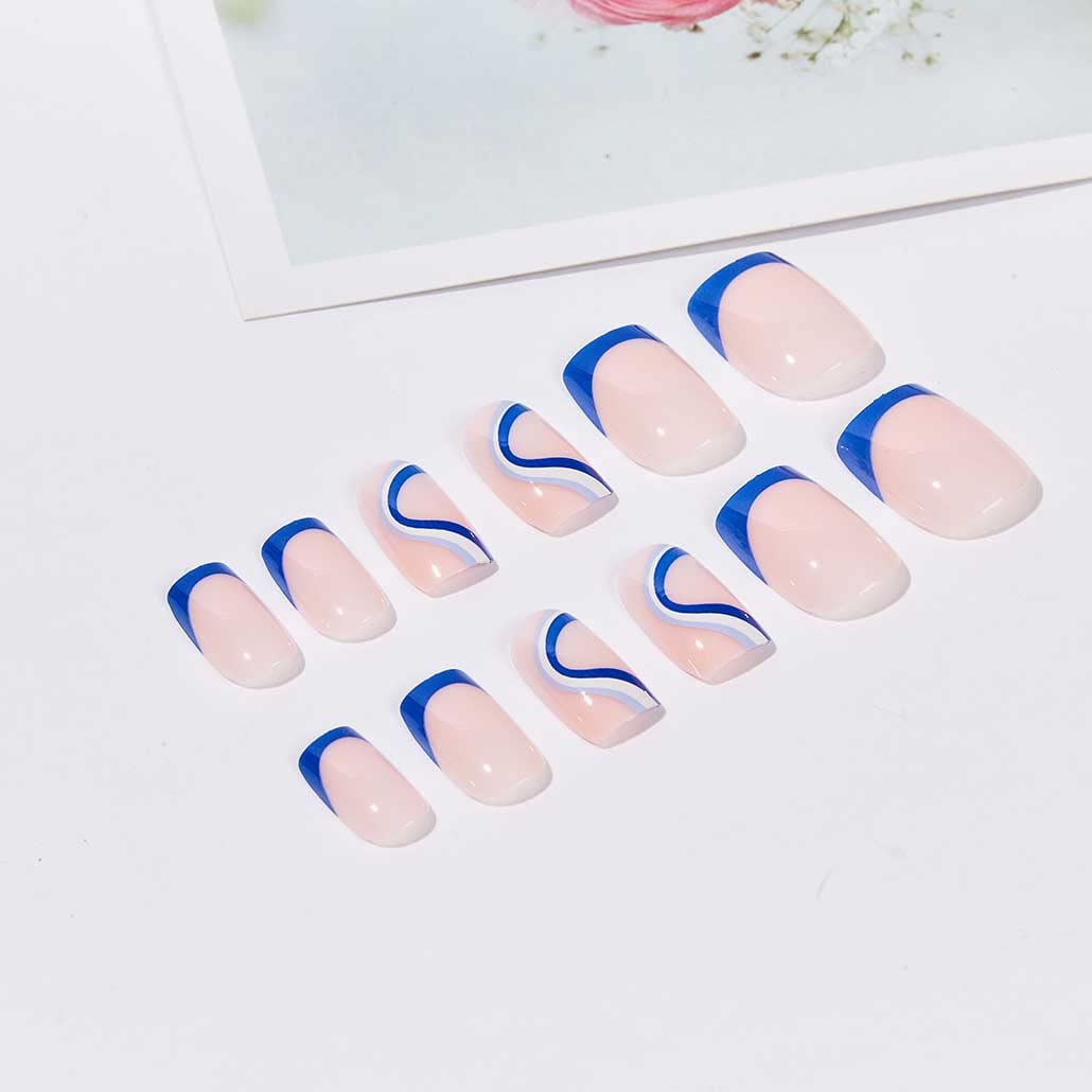 Foccna Square Press on Nails Acrylic French Fake Nails Short Swirls Cute Women's Blue False Nails Daily Wear Artificail Nails for Women&Girls, 24PCS - Image 4