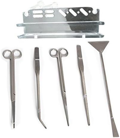 Aolailiya 5 in 1 Stainless Steel Aquarium Tank Aquatic Plant Tweezers Scissor spatula Tool Set And 1 Acrylic Tools Rack (5 in 1 with Acrylic Rack)