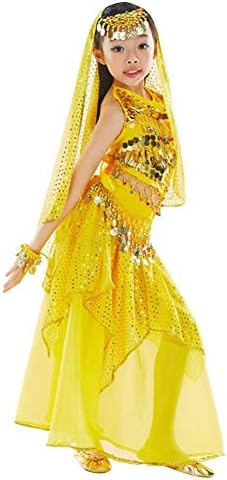 Girls Belly Dance Indian Costume with Vest Dress Hip Scarf Head Veil Kid Skirt