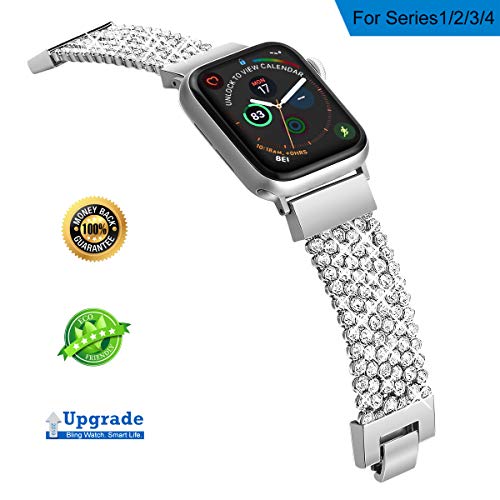 FresherAcc Compatible with Apple Watch Band 40mm 38mm iWatch Bands Series 4 3 2 1 Women Girls, Crystal Rhinestone Replacement Strap, Mesh Chain Jewelry Wristband (Silver 40mm/38mm)