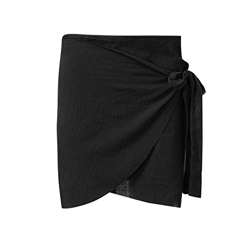 Women Short Pencil Skirt,Lady Fashion Warp Ruched Bandage Strap Bow Knot High Waist Solid Short Beach Mini Skirts (Small, Black)