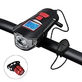 ebuysmart USB Rechargeable LED Bicycle Front Light, Bike Speedometer Odometer, Bicycle Horn Loud, 3 in 1 Bike Headlight and Taillight Sets with LCD Display Mountain Bike Cycling Accessories