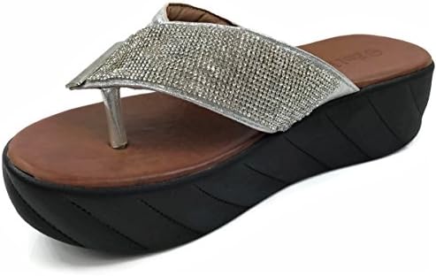 EmileDi Womens Platform Rhinestone Thong Sandal Flip-Flop With Duo Design Straps,Silver, 9