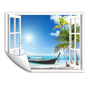 Wall Murals for Bedroom Fake Window Beach White Window Removable Wallpaper Peel and Stick Wall Stickers - 24x32 inches