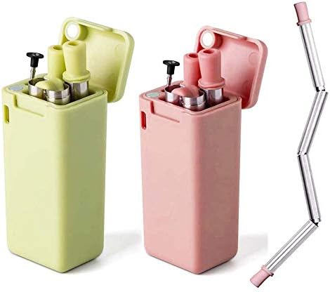 2 Pack Reusable Straws, Metal Drinking Straws, Save the Turtles straw, Food-Grade Portable Stainless Steel Straw, Folding Drinking Straws with Case Cleaning Brush for Party Travel Outdoor