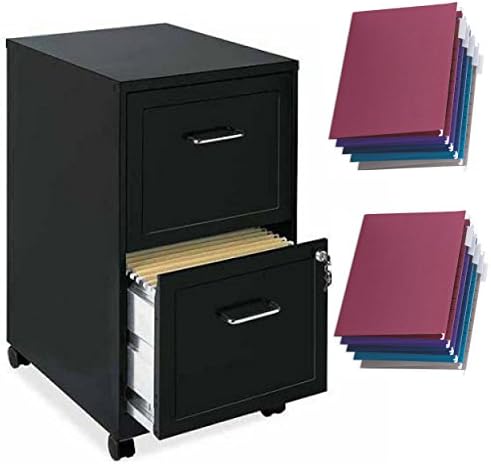 Lorell SOHO 18" 2-Drawer Black Mobile File Cabinet with 25 Assortment Hanging Folders