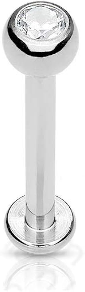 PiercedOff Titanium Labret with Internally Threaded Clear CZ Gem Ball - Thickness 16GA (1.2mm) / Length 12mm / Ball Size 3mm