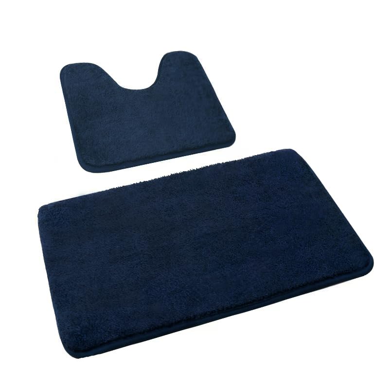 Rururug 2-Piece Bathroom Rug Set, Soft Microfibre Bathroom Mat and Toilet Rug with Cut-Out, Non-Slip Bath Mat, Washable, Navy Blue, 50 x 80 cm + 50 x 40 cm