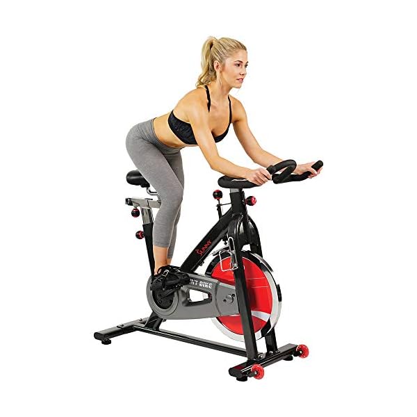Sunny Health & Fitness Indoor Stationary Exercise Bike, 4-Way Adjustable Seat for Cycling Cardio workout at Home, Optional 49 LB Flywheel, Heavy-Duty & Free SunnyFit App Bluetooth Connect
