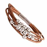Stylish Urban Jewelry Leather Bracelet for Women Silver Color Beads Cuff with Magnetic Clasp 7