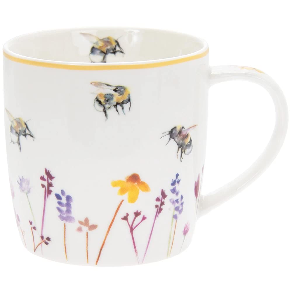 Tea Coffee Mug Pretty White Floral Water Colour Busy Bees Design by Jennifer Rose Gallery Boxed โ image 1