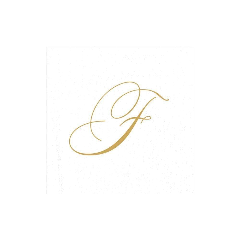 Caspari " Signature Gold Initial F Paper Linen Cocktail Napkins, White Pearl, Pack of 30 — image 1