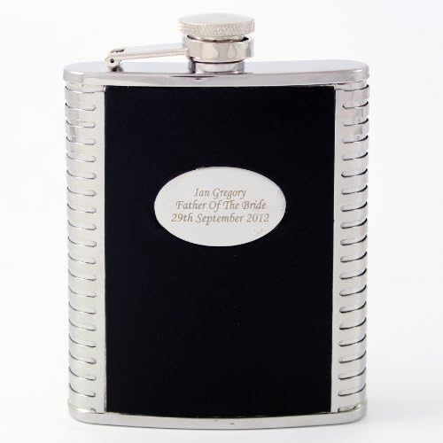 Personalised Engraved Stainless Steel and Black Leather 6oz Hip Flask Boxed Great Gift for Men Him Women Wedding Anniversary Girlfriend Boyfriend Wife Husband Fiance Christmas Birthday Valentines Fathers Mothers Day