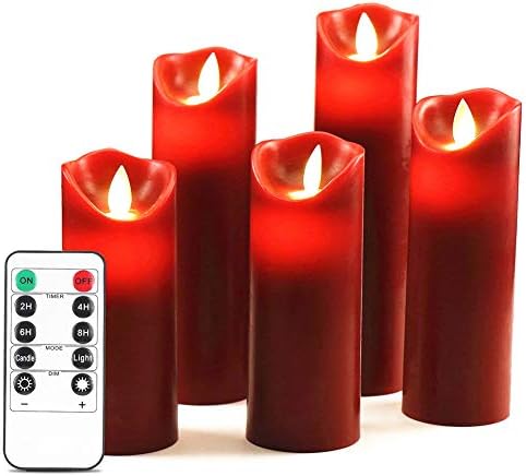 HEIOKEY LED Flameless Candles Red Battery Operated Candles Set of 5 (4" 5" 6" 7" 8") Decorative Electronic Candles Flickering Classic Real Wax Pillar with Moving LED Flame & Remote Control and Timer