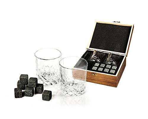 Whiskey Stones Gift Set – 2 Whiskey Glasses (220ml), 8 Exclusive Whiskey Rocks & Velvet Bag + Tongs in a Elegant Wooden Gift Box – By Golden Moose