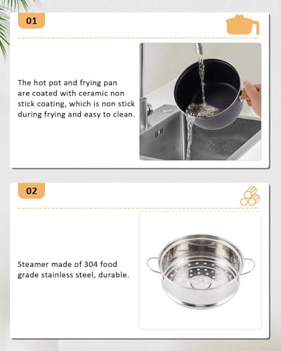 Electric Hot Pot Mini Cooker, 1.8L Ceramic Non-Stick Frying Pan with Steamer, 800W Multifunction Skillet for Stew, Ramen, Pasta & Soup, Ideas for Home Dorm & Travel