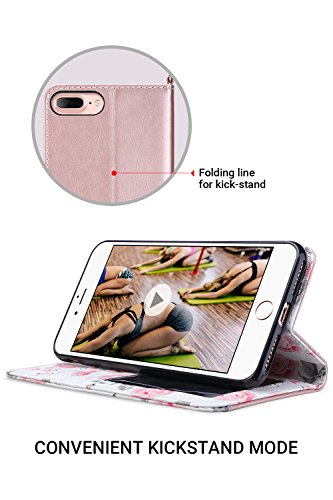 iPhone 8 Plus Case, iPhone 7 Plus Wallet Case, ULAK Floral PU Leather Wallet Case with Kickstand Card Holder ID Slot and Hand Strap Shockproof Rubber Cover for Apple iPhone 7 Plus/8 Plus, Rose Gold