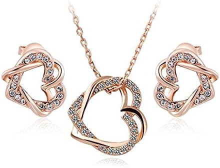 ROXI 2-piece Jewelry Set Top Quality Tiny Crystals Dual Hearts Twine Rosy Gold Plated Necklace + Stud Earrings