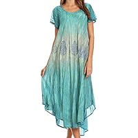 Sakkas 17802 - Samira Color Block Printed Sheer Cap Sleeve Relaxed Fit Dress | Cover Up - Teal - OS