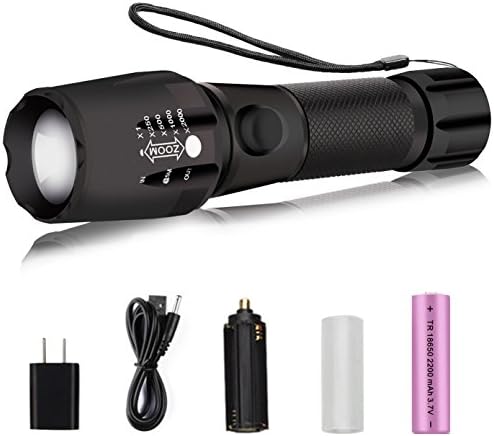 Super Bright Tactical Flashlight, 1200 Lumens CREE LED, 5 Modes, Adjustable Beam, Waterproof and Rechargeable(18650 Battery Included)