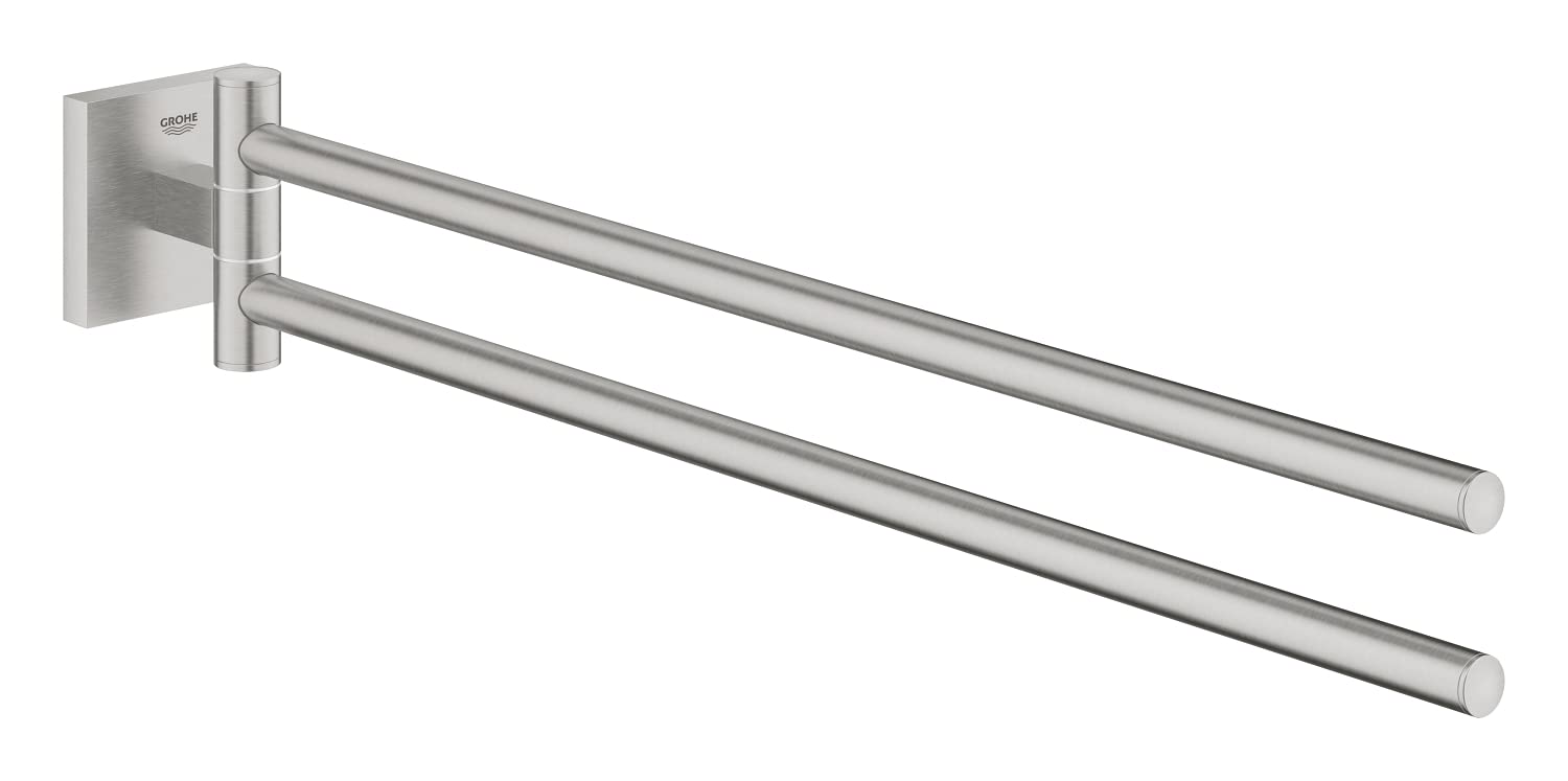 GROHE Start Cube Towel Bar – Wall Mounted Towel Holder with 2 Swivel Arms (Metal, Concealed Fastening, Including Screws and Dowels, Durable Sparkling Sheen), Size 438 mm, Stainless Steel, 40976DC0