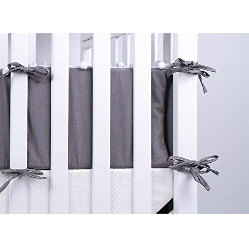 LOAOL Baby Crib Bumper Pads with Pom Pom Breathable Washable Padded Crib Liner Nursery Toddler Decor (Gray)
