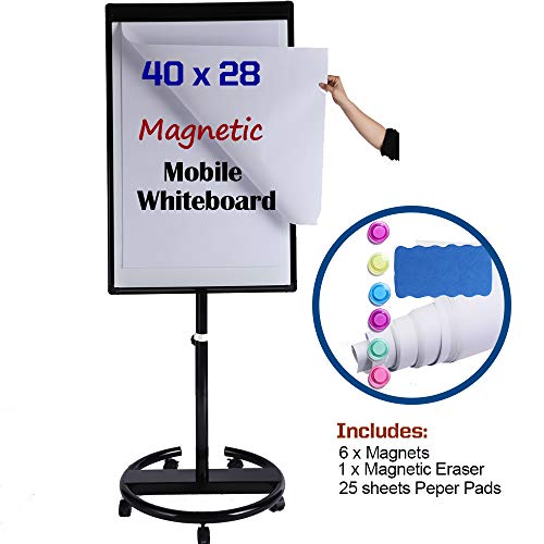 Magnetic Mobile Whiteboard/Height Adjustable Round Dry Erase Board Easel on Wheels, 40 X 28 Inch, w/Flipchart Pad, Magnets & Eraser, Black