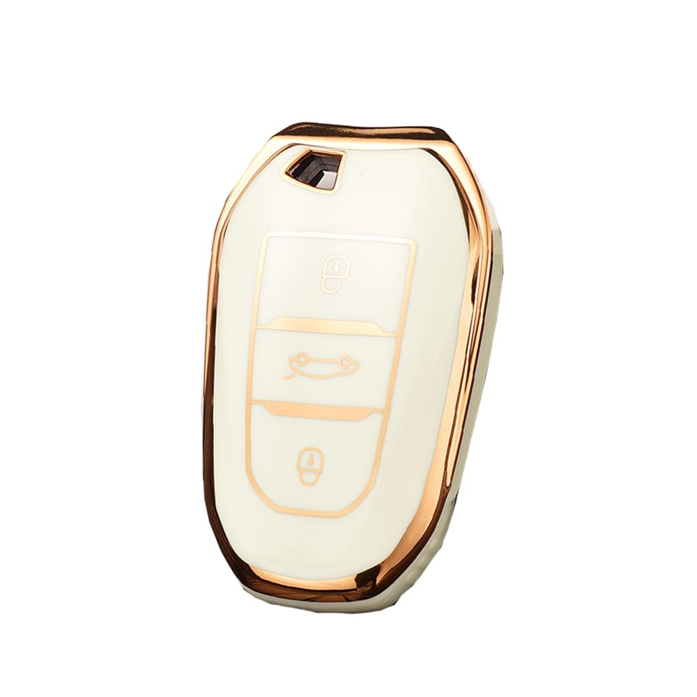 HIBEYO Smart Car Key Case Fits Peugeot 301-307-308-408-2008-3008-5008 Key Case TPU Protective Cover for Citroen C4L-C3-C5-DS5LS for Opel Grandland Key Shell 3-Button Gold White