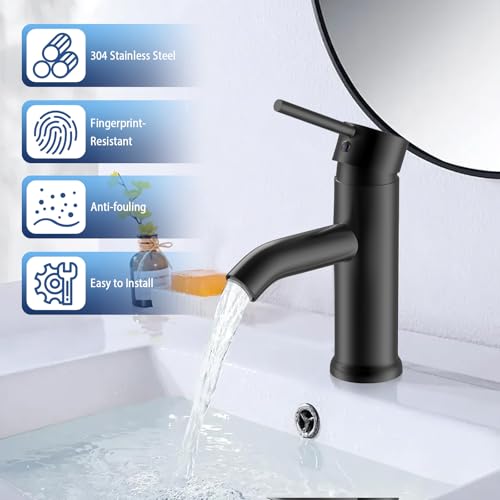 Round Stainless Steel Bathroom Faucet, Matte Black Basin Faucet with 2 Hoses, Scratch Resistant and Corrosion Resistant Hot and Cold Sink Mixer Tap for Vanities Basins Bathroom