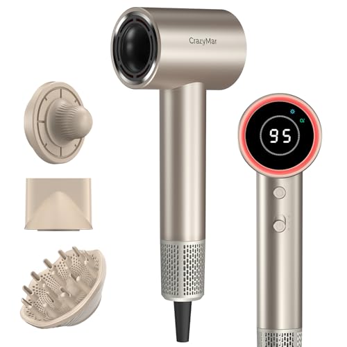 CrazyMar Hair Dryer with Diffuser, 180,000 rpm High Speed Ion Hair Dryer, 5X Faster Blow Dryer, 500 Million Negative Ion Hair Dryer, 58 dB Low Noise, Hair Dryer with 4 Temperature Settings
